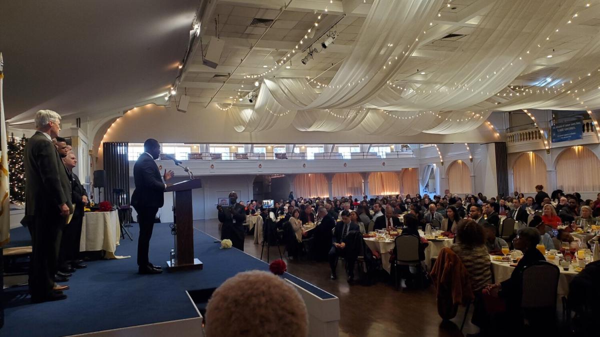 THE MAN THEY CAME TO SEE: Congressman Gabe Amo speaks on a query that consumed Dr. King: Chaos or community? (Photo by Kevin Fitzpatrick)