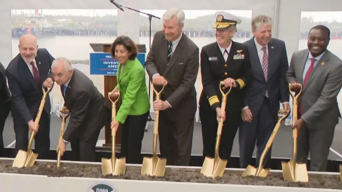 Dignitaries hold a ceremonial groundbreaking for a new NOAA base in Newport, Monday, May 6, 2024 (WJAR)