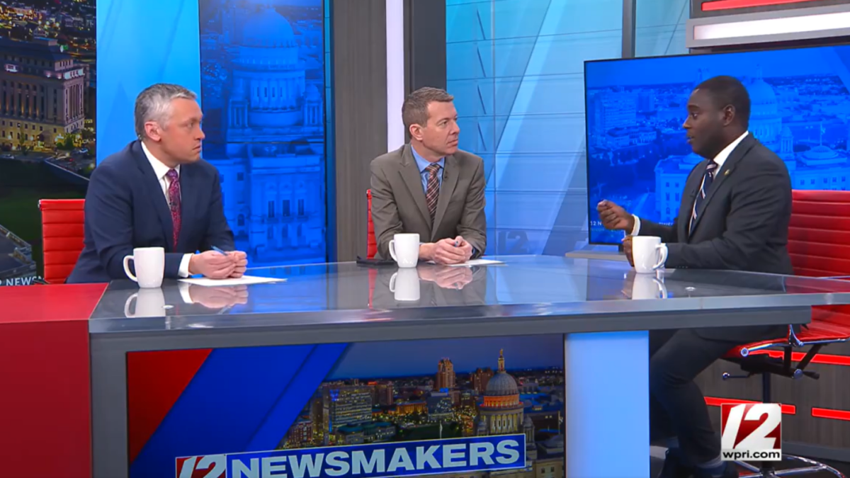 Rhode Island Congressman Gabe Amo (right) taped an interview on Friday with WPRI-TV’s Ted Nesi (left) and Tim White (center) for its Newsmakers segment. (Screenshot)
