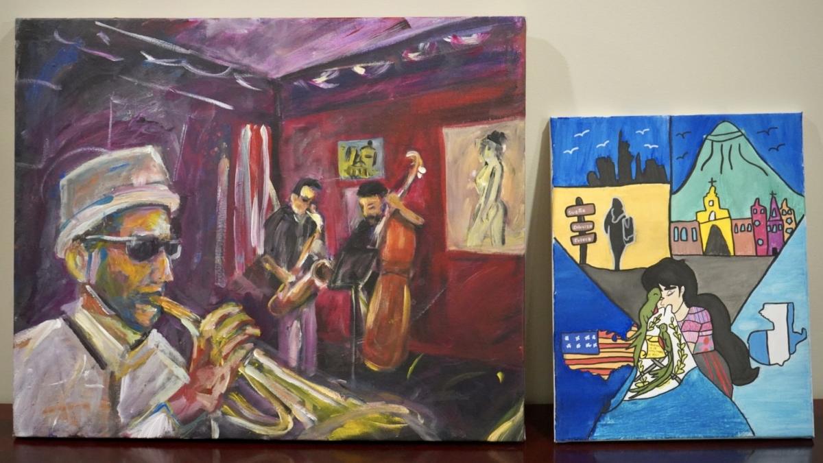 2026 Congressional Art Competition Winning Artwork “Thursday Evening,” depicts a trumpeter, bassist, and saxophonist gathering to play in a dark room, giving the viewer a sense of musicality