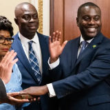 Speaker of the House Mike Johnson (L), participates in the ceremonial swearing in of Rep. Gabe Amo of Rhode Island (RI).